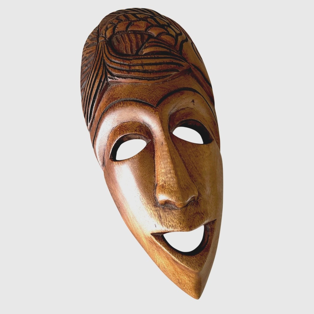 Hand Carved 12"Wooden Mask Tribal Wall Art Fish Folk Art Sculpture Brown